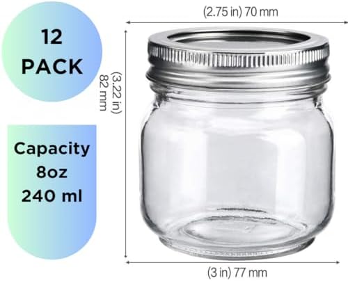 JOJAN Premium Wide Mouth Glass Jars with Airtight Lids - 8oz Pack of 12