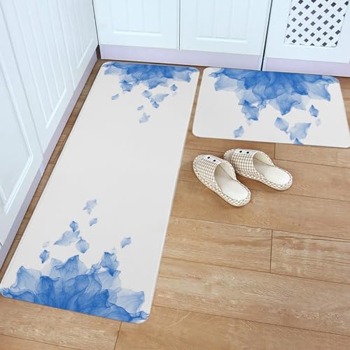 Blue Ombre Kitchen Rugs - Absorbent Comfortable Durable Non-Slip Mats