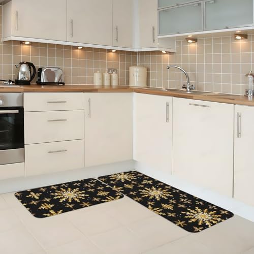 Golden Christmas Snowflake Kitchen Rugs Anti-Slip Mat Set of 2