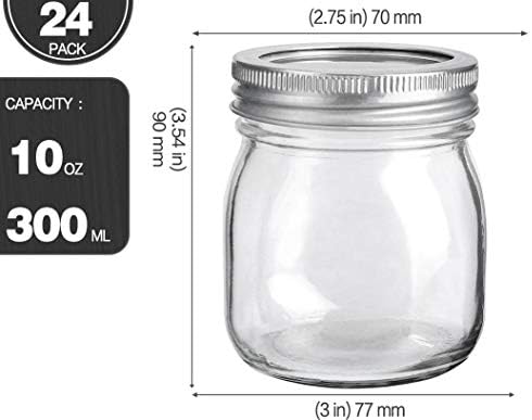 KAMOTA Premium 24-Piece Mason Glass Jars 10 oz Silver lids BPA-Free