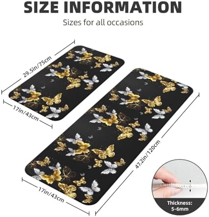 Gold White Butterflies Black Print Kitchen Rugs Mats Set 2pcs
