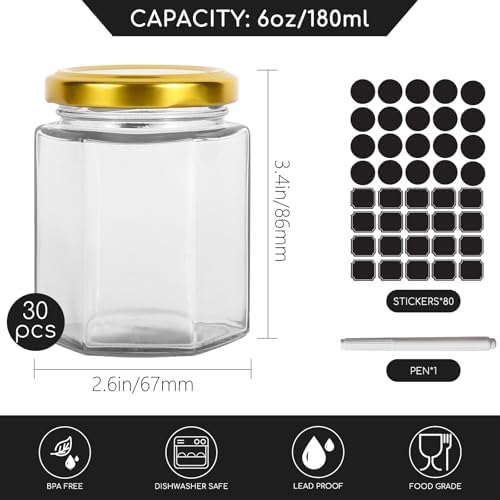 Keketin Hexagonal Glass Jam Jars with Gold lids 6oz 30Pack Preserving Storing