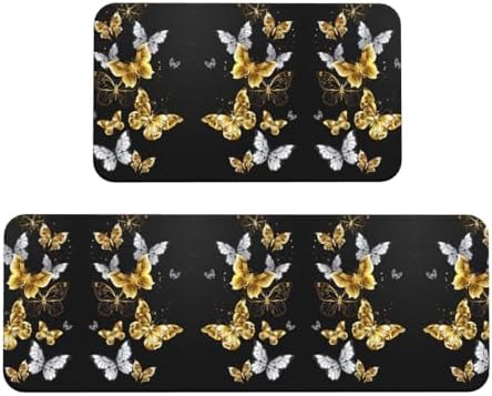 Gold White Butterflies Black Print Kitchen Rugs Mats Set 2pcs