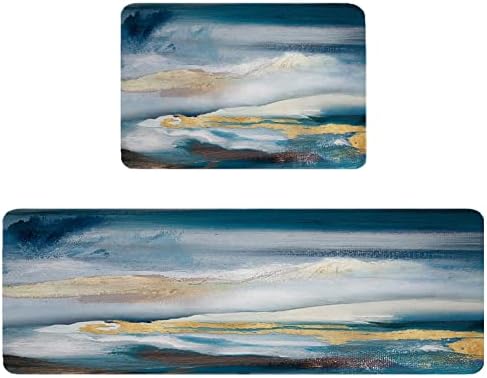 Blue Grey Kitchen Rug Set 2PCS Non-Slip