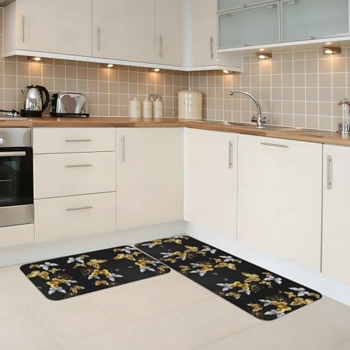 Gold White Butterflies Black Print Kitchen Rugs Mats Set 2pcs