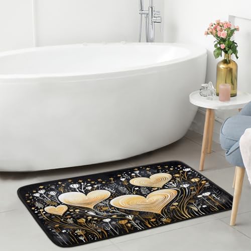 Yeahhhlife Valentines Day Silver Lines Golden Heart Kitchen Rug