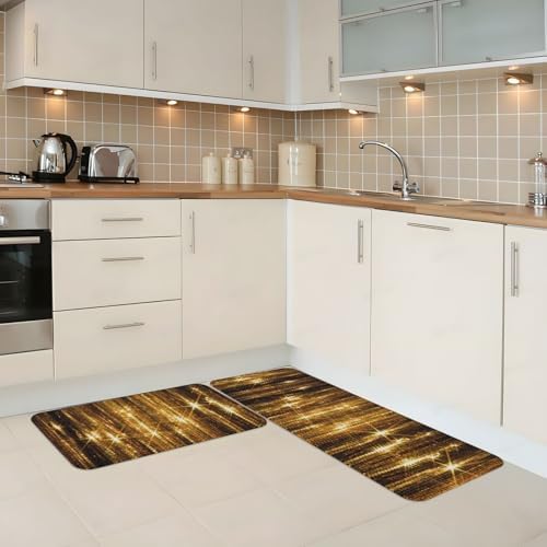 Gold Sequin Sparkle Print Kitchen Rugs Mats Set 2pcs