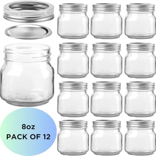 JOJAN Premium Wide Mouth Glass Jars with Airtight Lids - 8oz Pack of 12