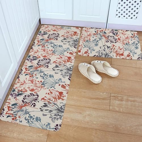 Carosoffe Red Green Brown Flowers Kitchen Rug Set