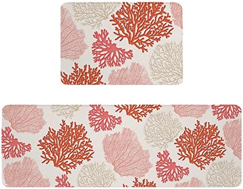 Orange Coral Kitchen Rug Set 2 PCS Non-Slip Mats