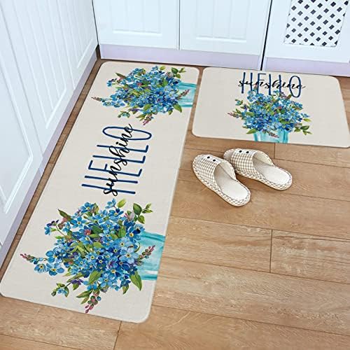 Carosoffe Blue Flower Kitchen Rugs 2-pc Set