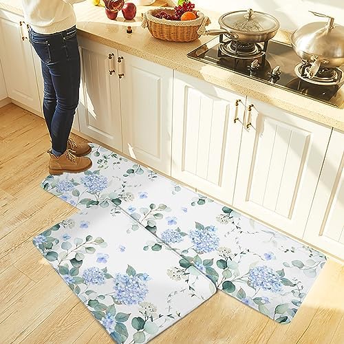 Blue Hydrangea Kitchen Rug Set 2PCS
