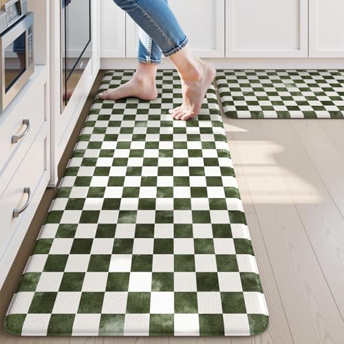 KIMODE Dark Green and White Kitchen Mats Set of 2