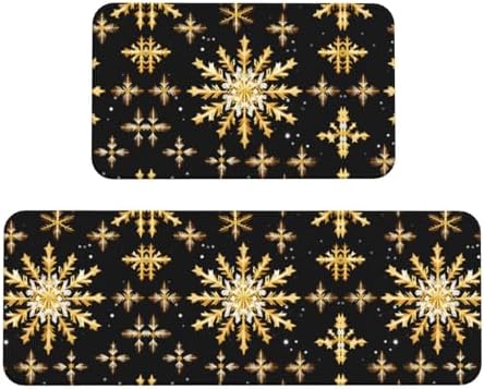 Golden Christmas Snowflake Kitchen Rugs Anti-Slip Mat Set of 2