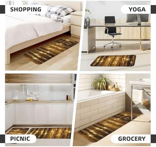 Gold Sequin Sparkle Print Kitchen Rugs Mats Set 2pcs