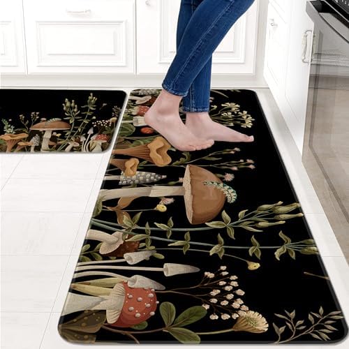 Eikunn Black Mushroom Kitchen Rugs Set of 2