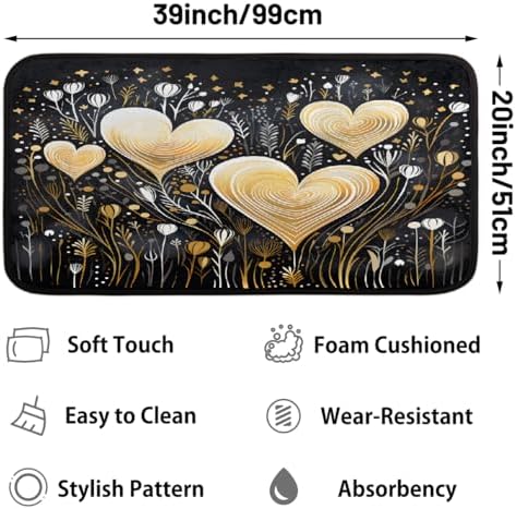 Yeahhhlife Valentines Day Silver Lines Golden Heart Kitchen Rug