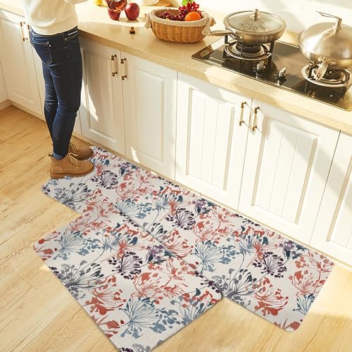 Carosoffe Red Green Brown Flowers Kitchen Rug Set
