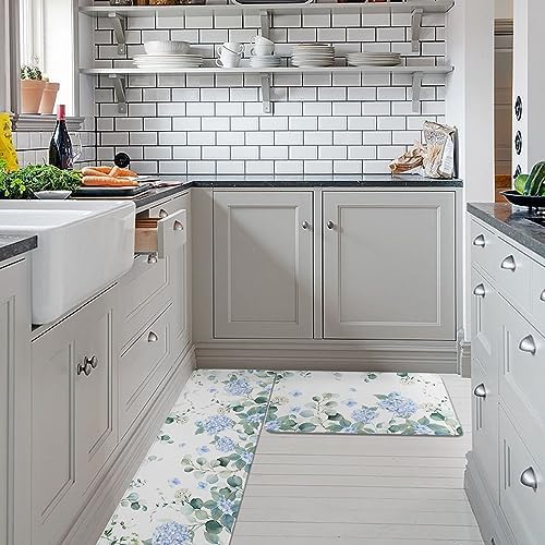 Blue Hydrangea Kitchen Rug Set 2PCS
