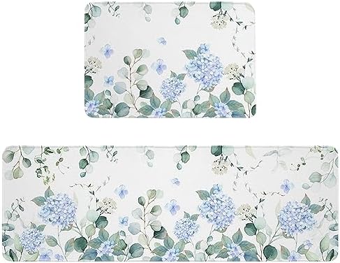 Blue Hydrangea Kitchen Rug Set 2PCS