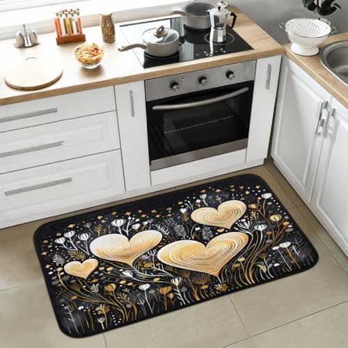 Yeahhhlife Valentines Day Silver Lines Golden Heart Kitchen Rug