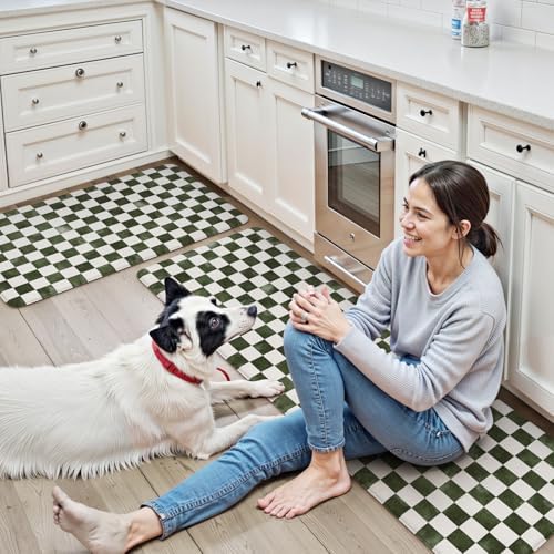 KIMODE Dark Green and White Kitchen Mats Set of 2