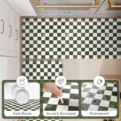 KIMODE Dark Green and White Kitchen Mats Set of 2