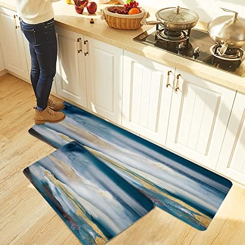 Blue Grey Kitchen Rug Set 2PCS Non-Slip