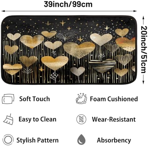 Valentines Day Gold Hearts Kitchen Rug