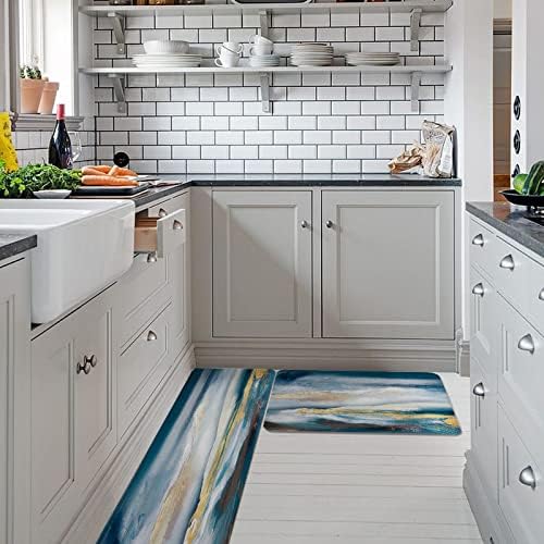 Blue Grey Kitchen Rug Set 2PCS Non-Slip