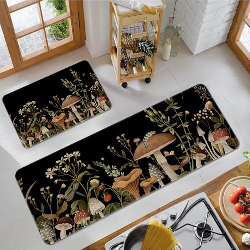 Eikunn Black Mushroom Kitchen Rugs Set of 2