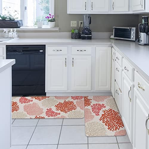 Orange Coral Kitchen Rug Set 2 PCS Non-Slip Mats