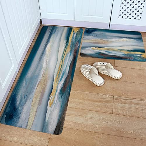 Blue Grey Kitchen Rug Set 2PCS Non-Slip