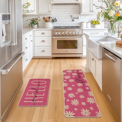 Artoid Mode Pink Daisy Hello Sunshine Kitchen Mats Set of 2
