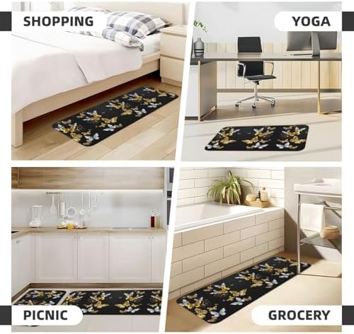 Gold White Butterflies Black Print Kitchen Rugs Mats Set 2pcs