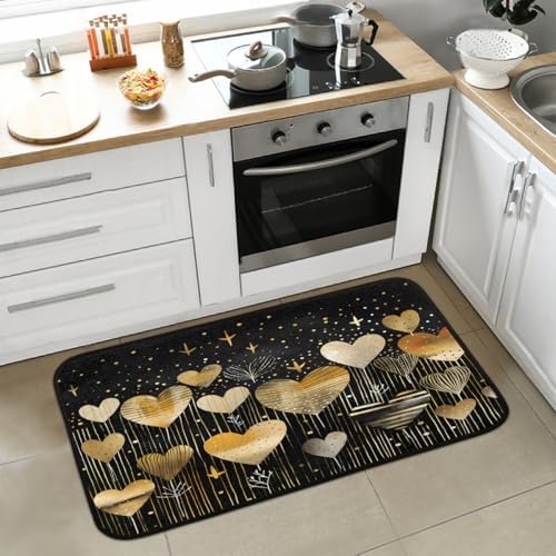 Valentines Day Gold Hearts Kitchen Rug