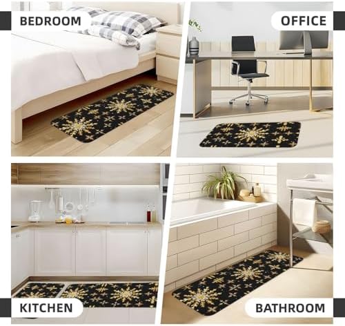 Golden Christmas Snowflake Kitchen Rugs Anti-Slip Mat Set of 2