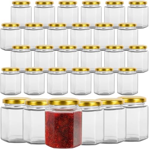 Keketin Hexagonal Glass Jam Jars with Gold lids 6oz 30Pack Preserving Storing