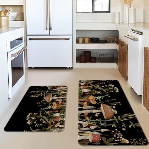 Eikunn Black Mushroom Kitchen Rugs Set of 2