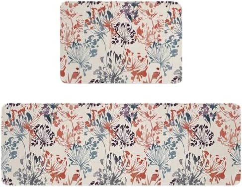 Carosoffe Red Green Brown Flowers Kitchen Rug Set