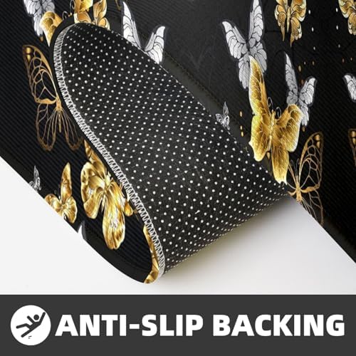 Gold White Butterflies Black Print Kitchen Rugs Mats Set 2pcs