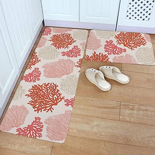Orange Coral Kitchen Rug Set 2 PCS Non-Slip Mats