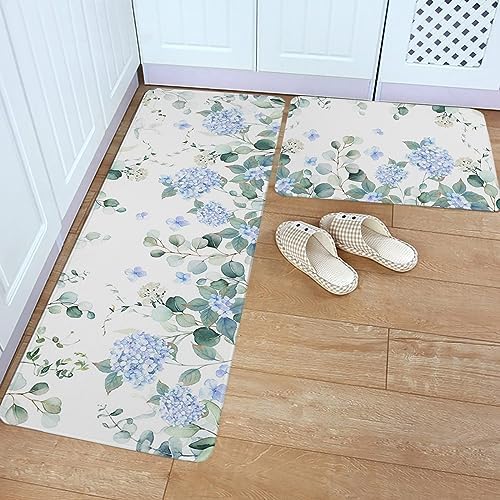 Blue Hydrangea Kitchen Rug Set 2PCS