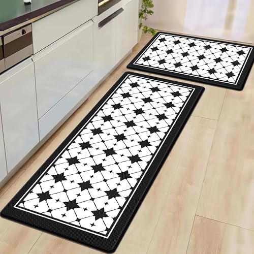 Artnice Kitchen Mat 2 PCS Black White Plaid Cushioned Anti Fatigue Rug