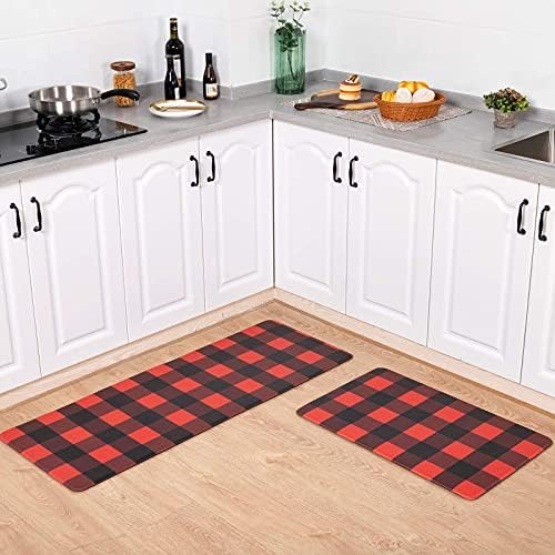 Double-Sided Anti-Fatigue Kitchen Rugs with Buffalo Plaid Design