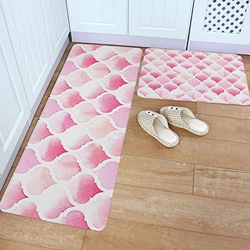 Ombre Pink Kitchen Rug Set - Soft Standing Mat for Kitchen Bathroom