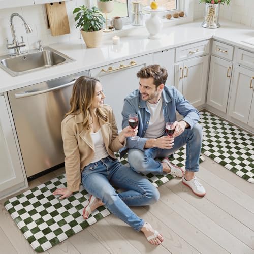 KIMODE Dark Green and White Kitchen Mats Set of 2