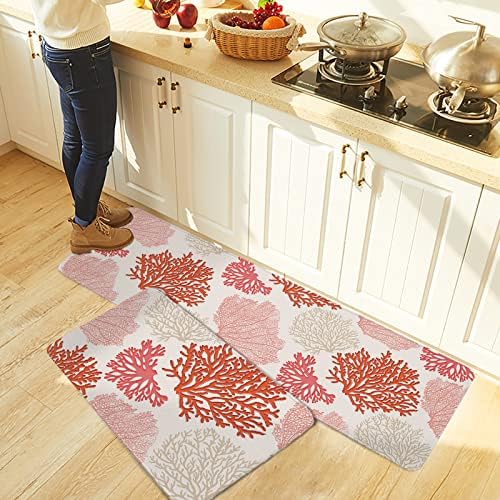 Orange Coral Kitchen Rug Set 2 PCS Non-Slip Mats