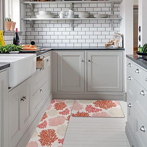 Orange Coral Kitchen Rug Set 2 PCS Non-Slip Mats