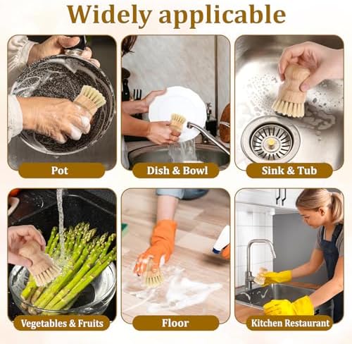 6Pack Bamboo Dish Scrub brushes Kitchen Cleaning Set